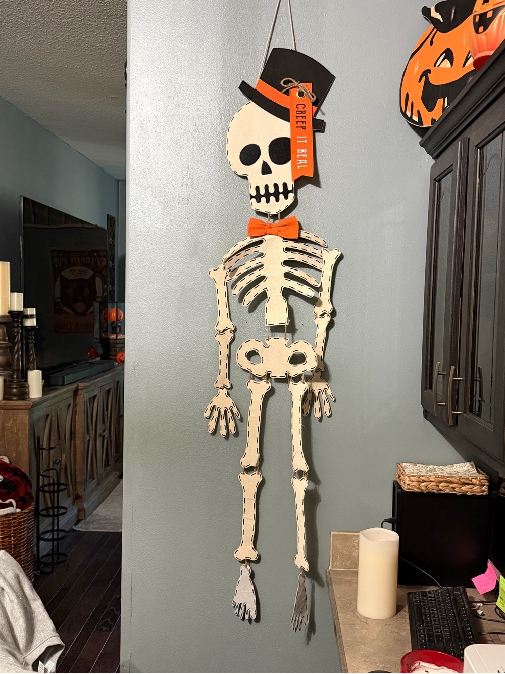 Halloween Mud Pie Cream and Black Hanging Skeleton Wall Art with Orange Accents